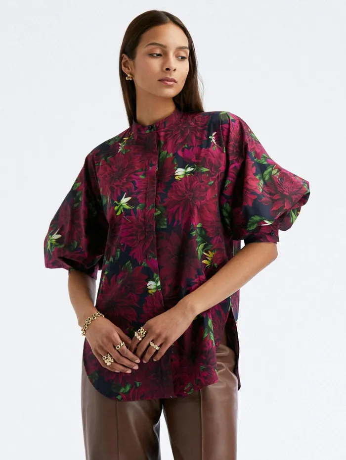 Women Blouses and Knits Oscar De La Renta Balloon Sleeve Dahlia Cotton Poplin Blouse Burgundynavy