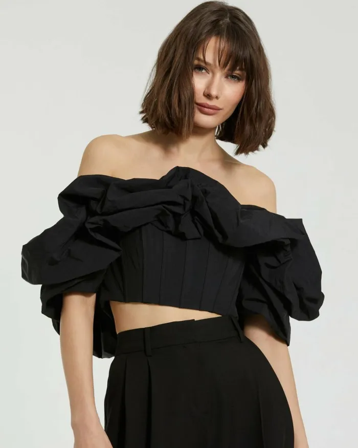 Women Blouses And Tops Mac Duggal Black Faille Off The Shoulder Bustier Ruffle Top 8211 FINAL SALE Black Women Blouses And Tops Mac Duggal Black Faille Off The Shoulder Bustier Ruffle Top 8211 FINAL SALE Black