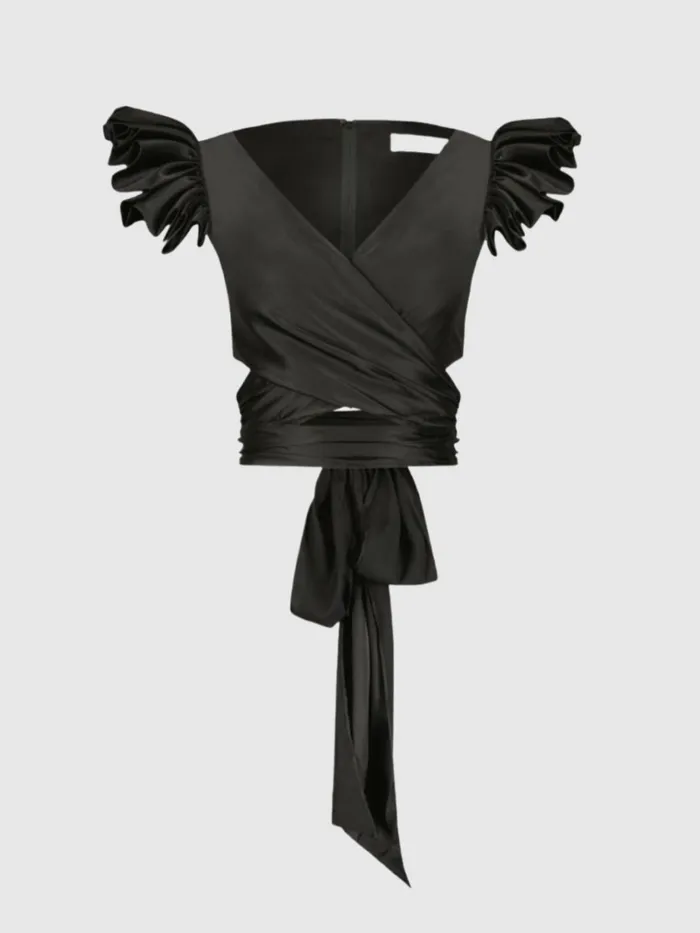 Women Blouses And Tops Mac Duggal Ruffle Cap Sleeve Wrap Top Black