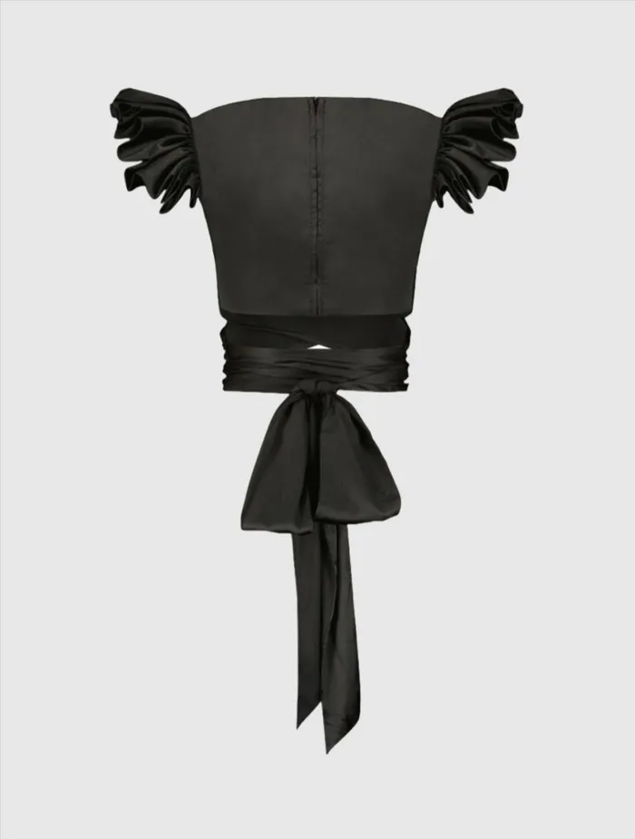 Women Blouses And Tops Mac Duggal Ruffle Cap Sleeve Wrap Top Black