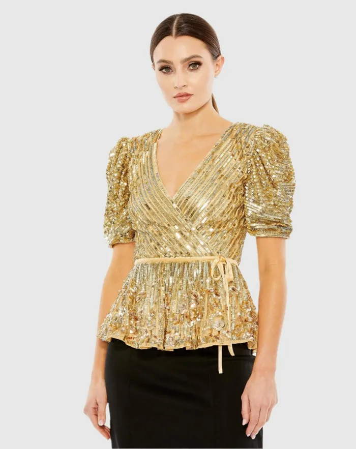 Women Blouses And Tops Mac Duggal Sequined Puff Sleeve Faux Wrap Top 8211 FINAL SALE Gold Women Blouses And Tops Mac Duggal Sequined Puff Sleeve Faux Wrap Top 8211 FINAL SALE Gold
