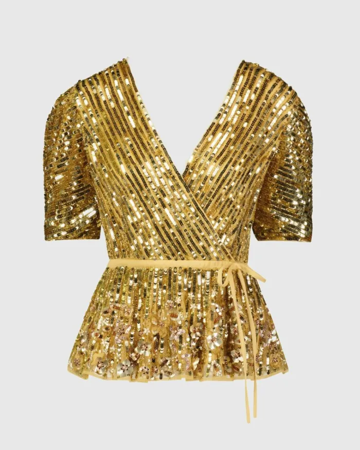 Women Blouses And Tops Mac Duggal Sequined Puff Sleeve Faux Wrap Top 8211 FINAL SALE Gold