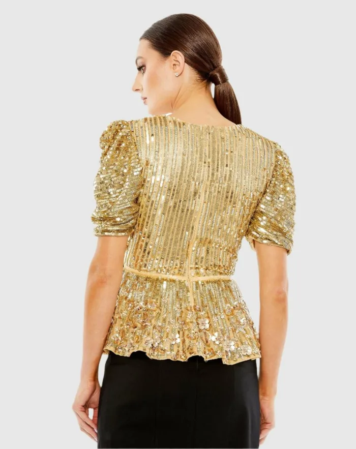 Women Blouses And Tops Mac Duggal Sequined Puff Sleeve Faux Wrap Top 8211 FINAL SALE Gold