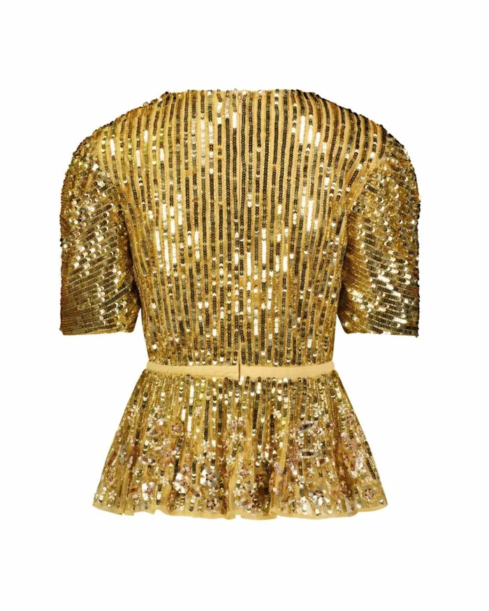 Women Blouses And Tops Mac Duggal Sequined Puff Sleeve Faux Wrap Top 8211 FINAL SALE Gold