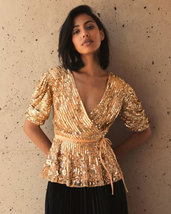 Women Blouses And Tops Mac Duggal Sequined Puff Sleeve Faux Wrap Top 8211 FINAL SALE Gold