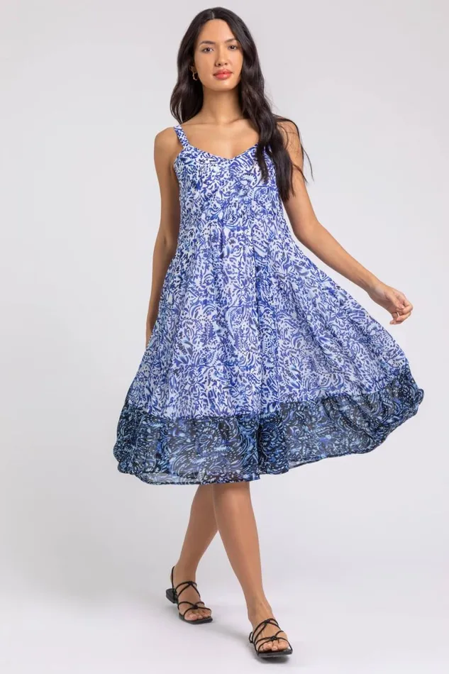 Women Blue Abstract Border Print Fit and Flare Dress Roman Dresses