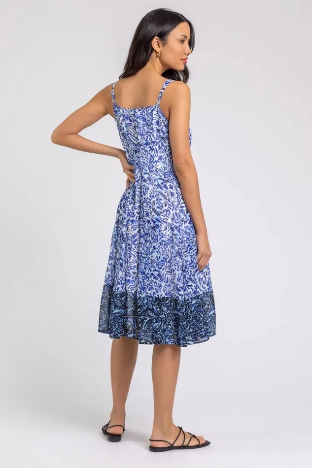 Women Blue Abstract Border Print Fit and Flare Dress Roman Dresses