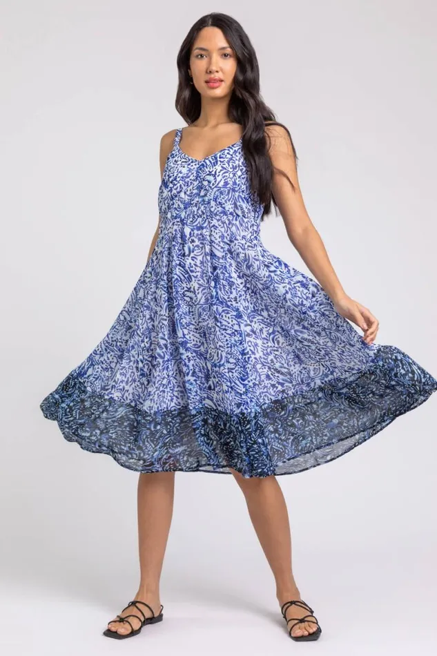 Women Blue Abstract Border Print Fit and Flare Dress Roman Dresses