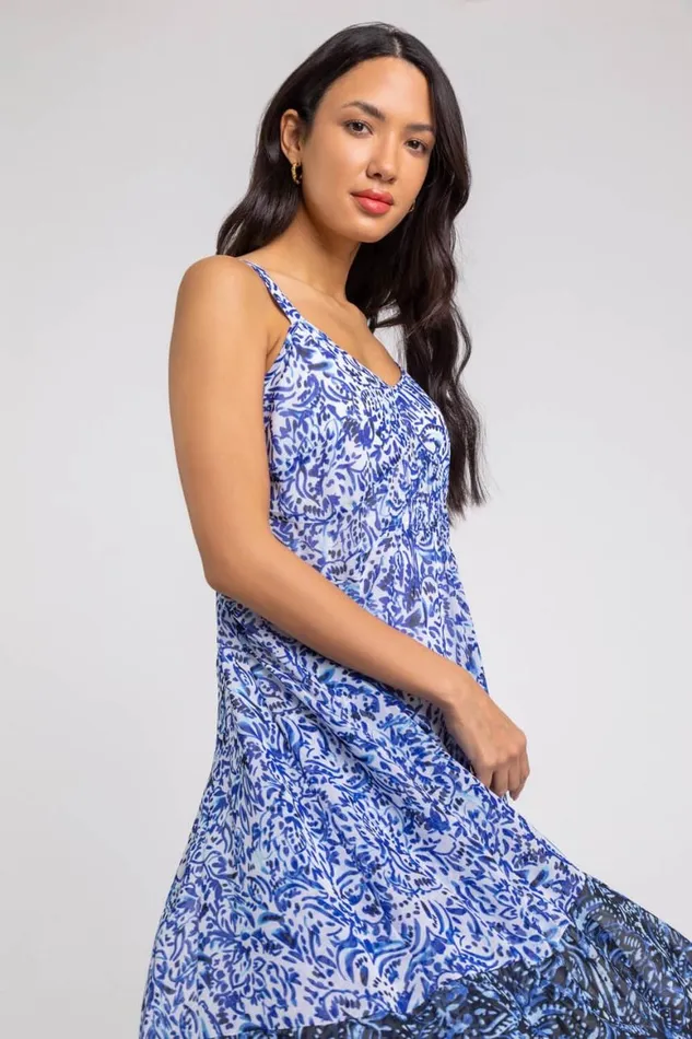 Women Blue Abstract Border Print Fit and Flare Dress Roman Dresses