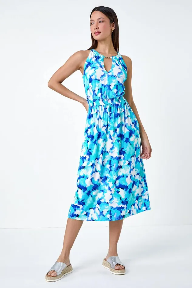 Women Blue Abstract Halter Neck Stretch Midi Dress Roman Dresses
