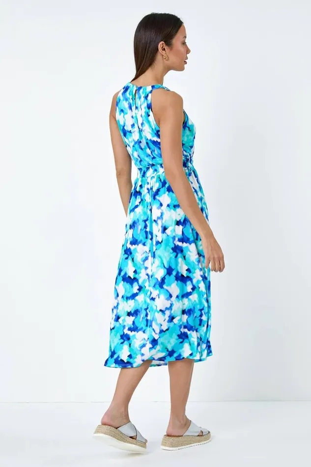 Women Blue Abstract Halter Neck Stretch Midi Dress Roman Dresses