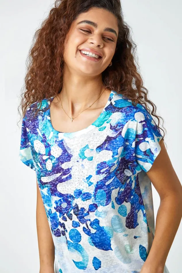 Women Blue Abstract Hotfix Embellished Stretch TShirt Roman Tops
