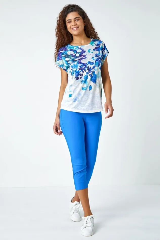 Women Blue Abstract Hotfix Embellished Stretch TShirt Roman Tops