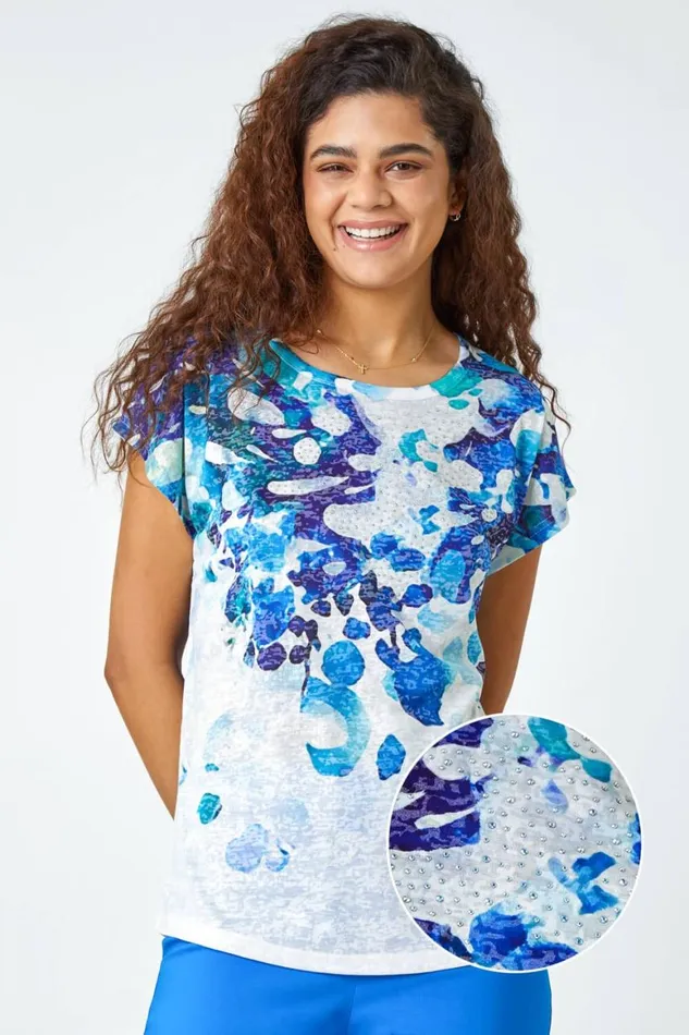 Women Blue Abstract Hotfix Embellished Stretch TShirt Roman Tops