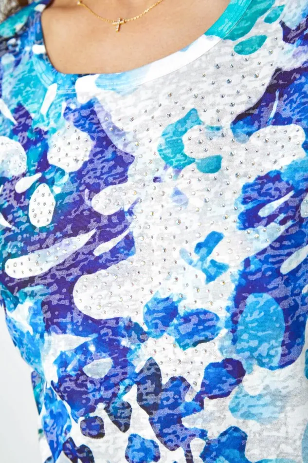 Women Blue Abstract Hotfix Embellished Stretch TShirt Roman Tops