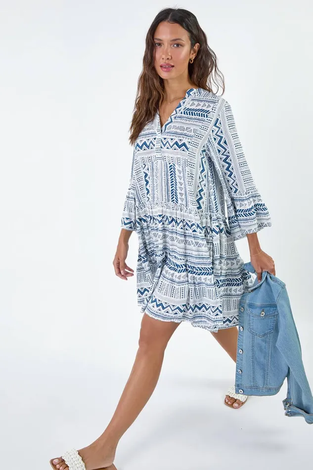 Women Blue Aztec Print Frill Smock Dress Roman Dresses
