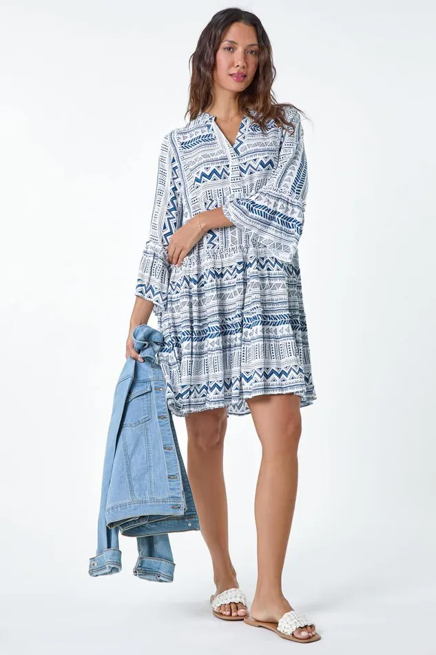 Women Blue Aztec Print Frill Smock Dress Roman Dresses