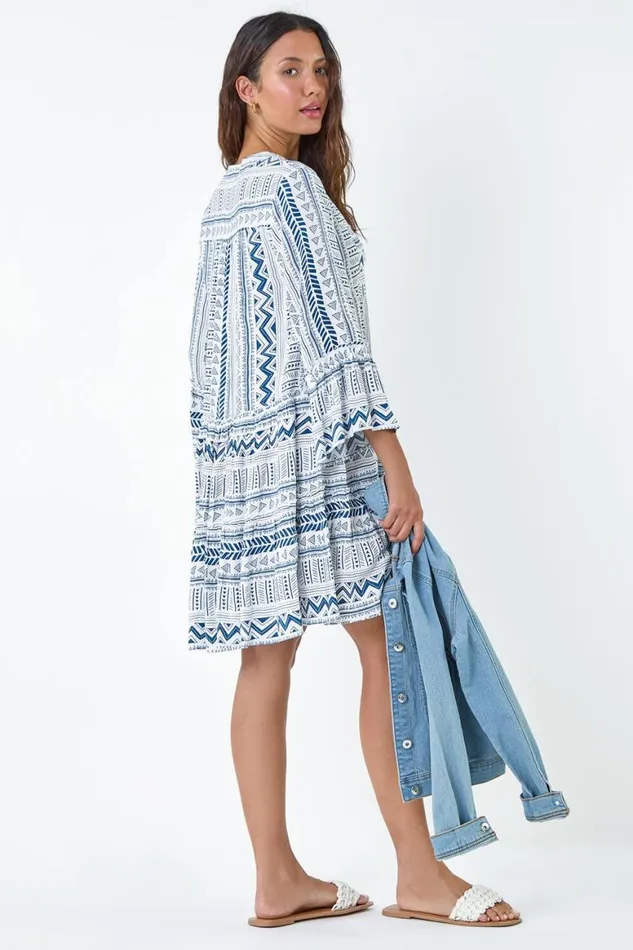 Women Blue Aztec Print Frill Smock Dress Roman Dresses