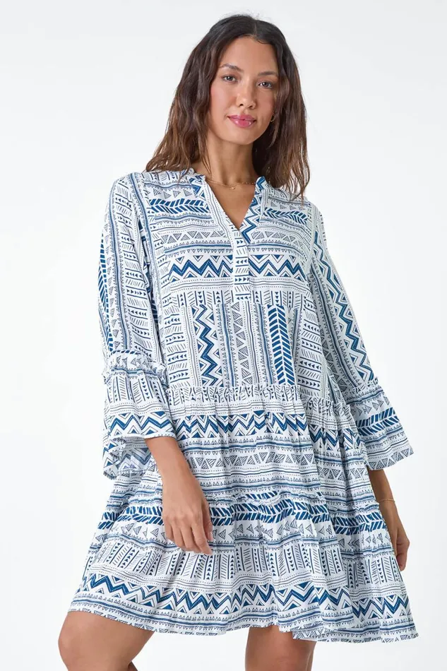 Women Blue Aztec Print Frill Smock Dress Roman Dresses