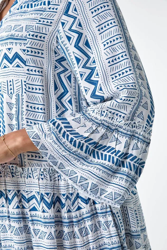 Women Blue Aztec Print Frill Smock Dress Roman Dresses