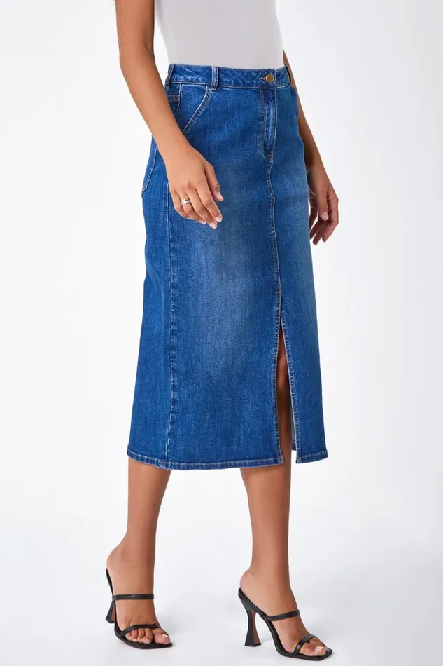 Women Blue Cotton Blend Denim Stretch Split Midi Skirt Roman Skirts