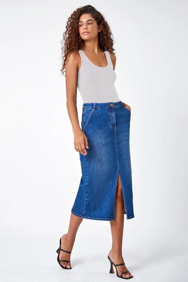 Women Blue Cotton Blend Denim Stretch Split Midi Skirt Roman Skirts