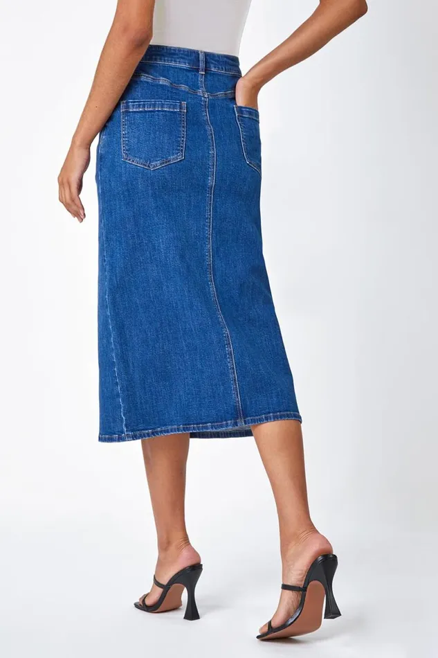 Women Blue Cotton Blend Denim Stretch Split Midi Skirt Roman Skirts