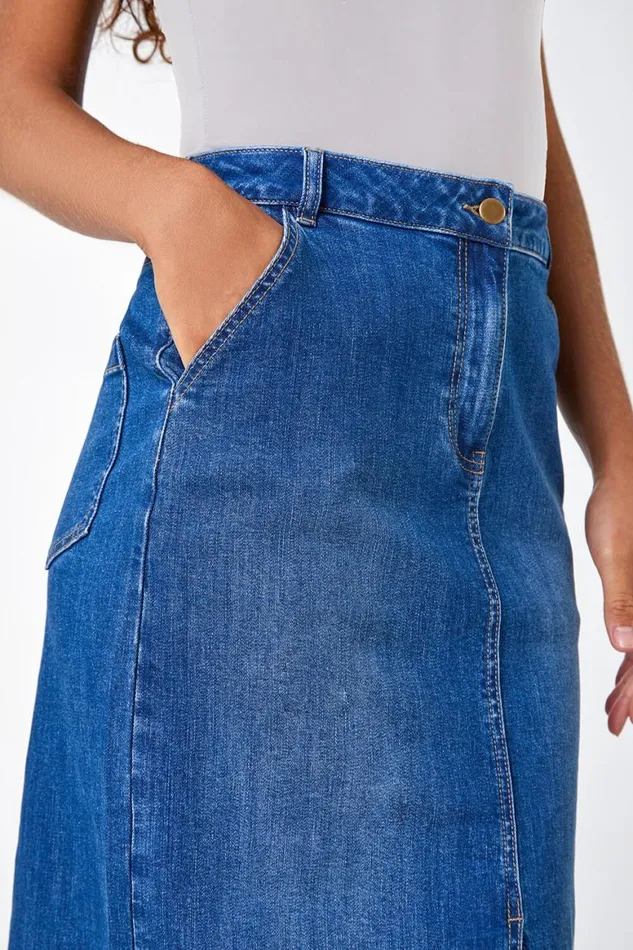 Women Blue Cotton Blend Denim Stretch Split Midi Skirt Roman Skirts