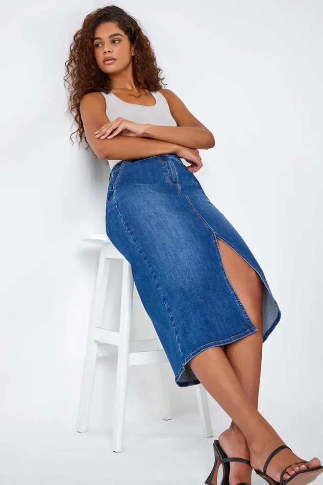 Women Blue Cotton Blend Denim Stretch Split Midi Skirt Roman Skirts