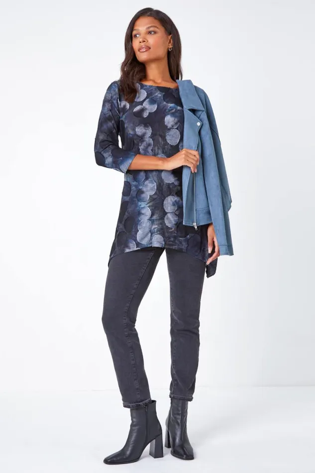Women Blue Cotton Blend Spot Print Stretch Top Roman Tops