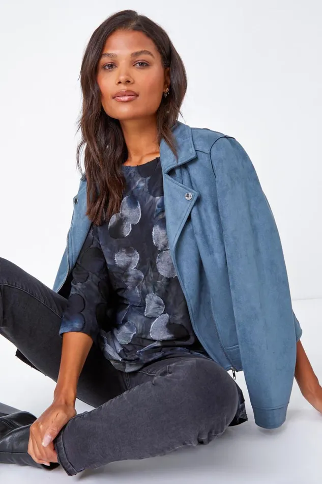Women Blue Cotton Blend Spot Print Stretch Top Roman Tops