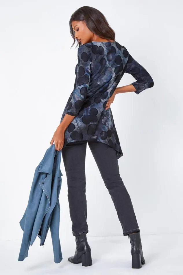 Women Blue Cotton Blend Spot Print Stretch Top Roman Tops