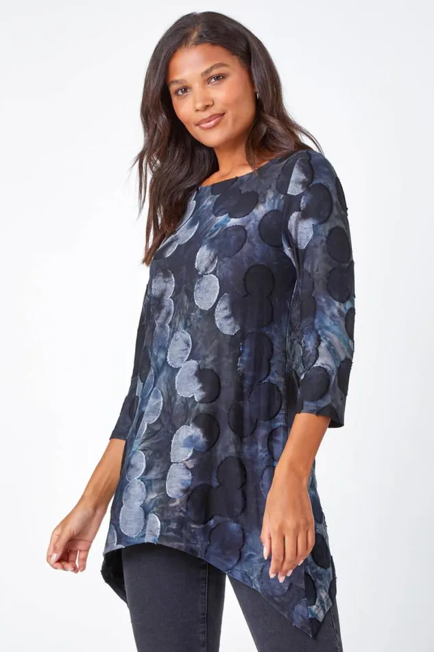 Women Blue Cotton Blend Spot Print Stretch Top Roman Tops