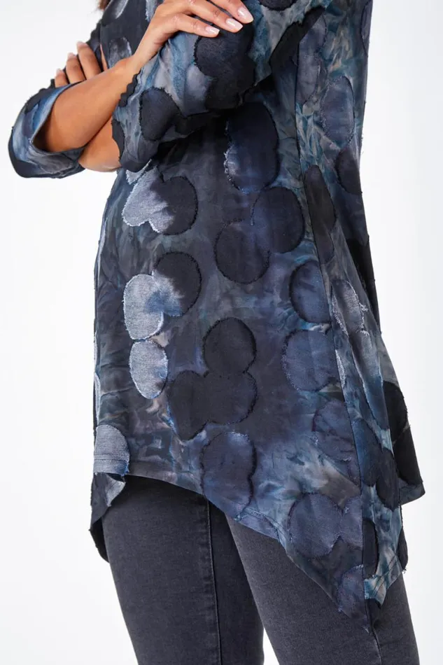 Women Blue Cotton Blend Spot Print Stretch Top Roman Tops
