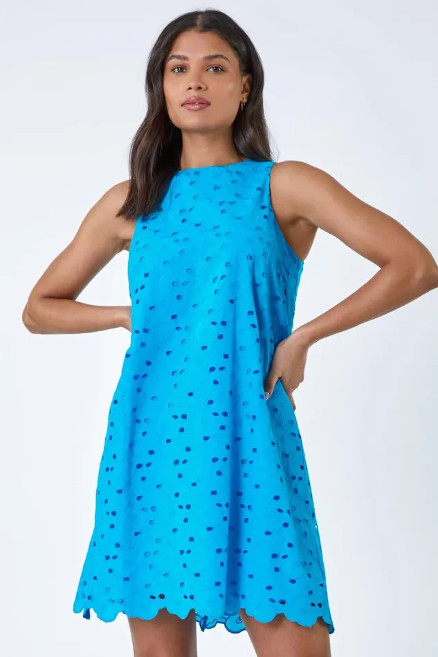 Women Blue Cotton Embroidery Detail Shift Dress Roman Dresses
