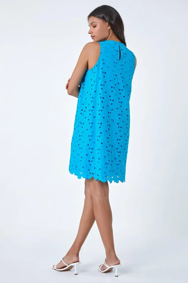 Women Blue Cotton Embroidery Detail Shift Dress Roman Dresses