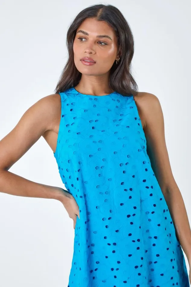 Women Blue Cotton Embroidery Detail Shift Dress Roman Dresses