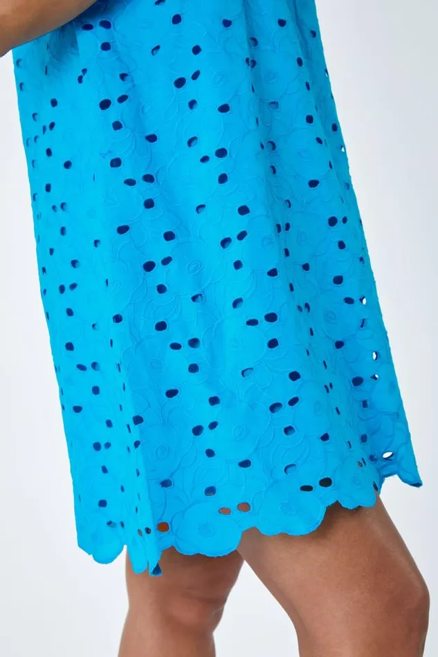 Women Blue Cotton Embroidery Detail Shift Dress Roman Dresses