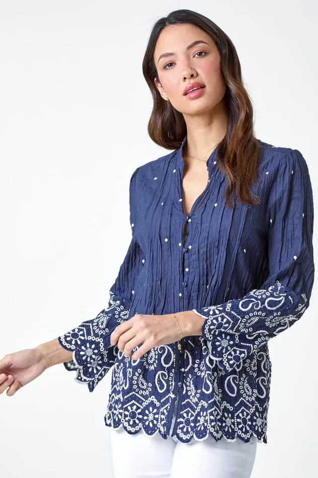 Women Blue Cotton Paisley Embroidered VNeck Blouse Roman Tops