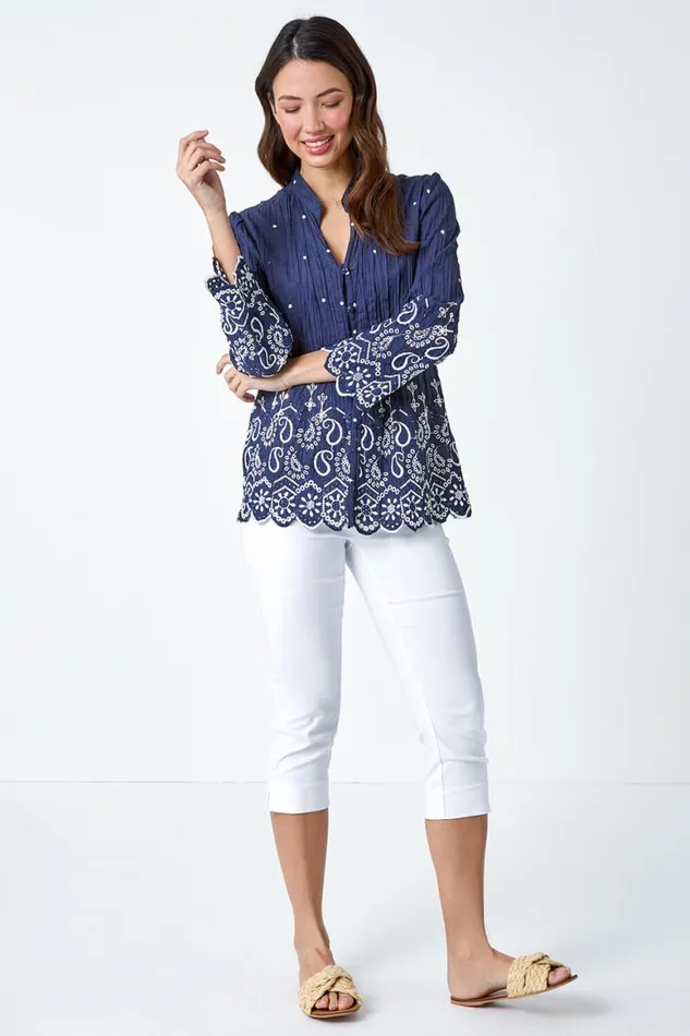 Women Blue Cotton Paisley Embroidered VNeck Blouse Roman Tops