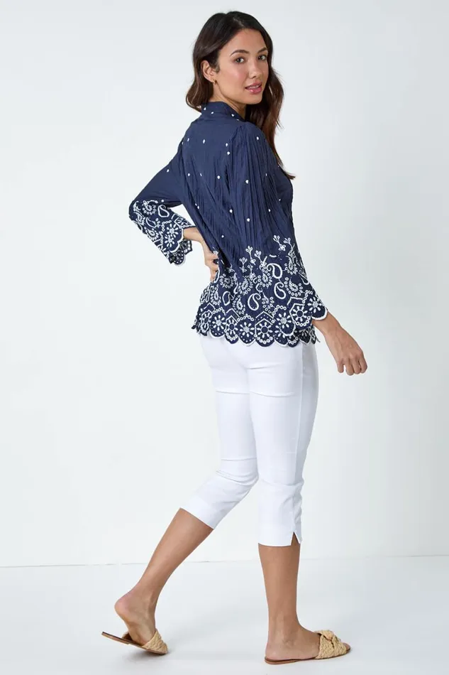 Women Blue Cotton Paisley Embroidered VNeck Blouse Roman Tops