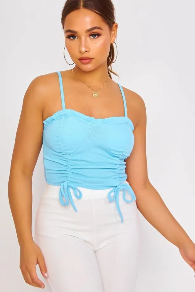 Women Blue Cropped Tank Top With Cups Blue Brentiny Paris Lace Tops