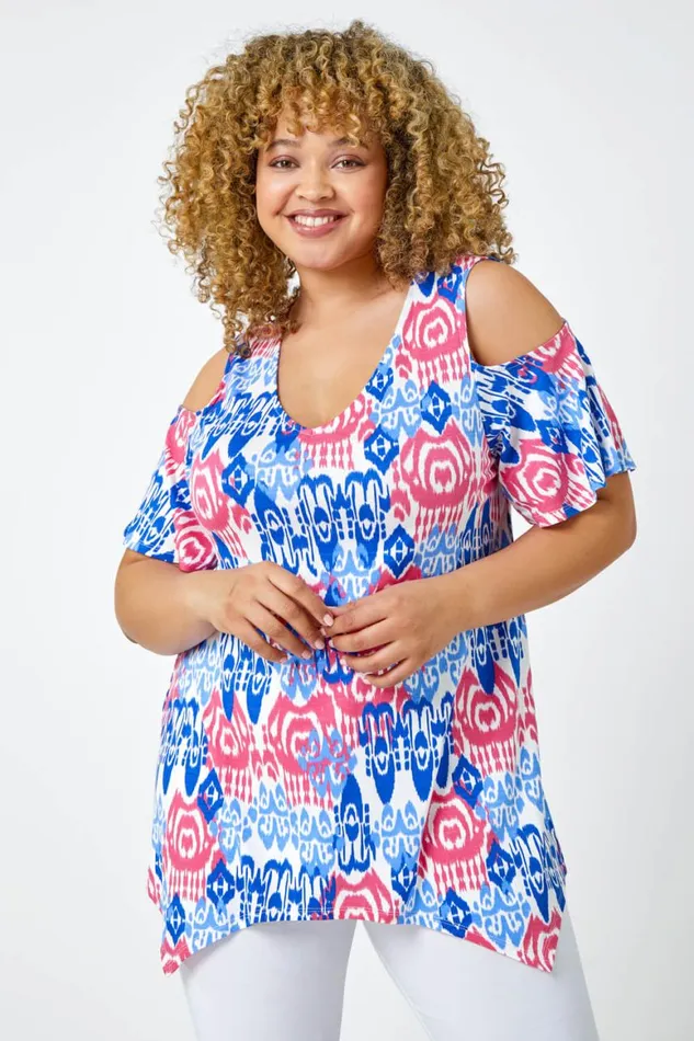 Women Blue Curve Abstract VNeck Cold Shoulder Top Roman Tops