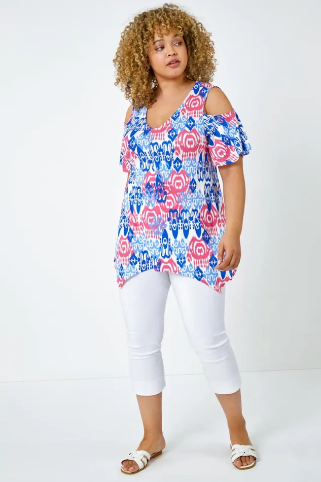Women Blue Curve Abstract VNeck Cold Shoulder Top Roman Tops