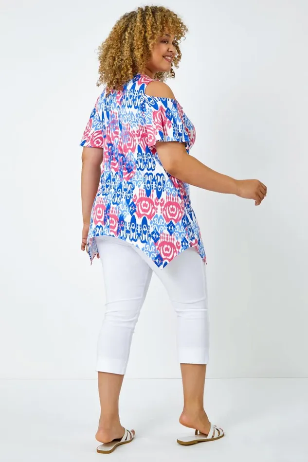 Women Blue Curve Abstract VNeck Cold Shoulder Top Roman Tops
