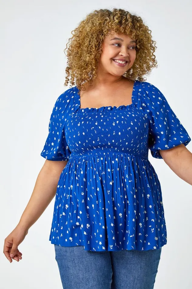 Women Blue Curve Ditsy Floral Shirred Stretch Top Roman Tops