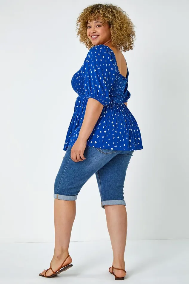 Women Blue Curve Ditsy Floral Shirred Stretch Top Roman Tops