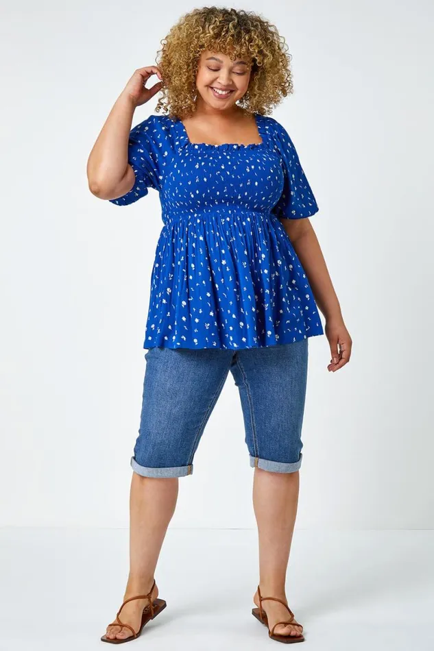 Women Blue Curve Ditsy Floral Shirred Stretch Top Roman Tops