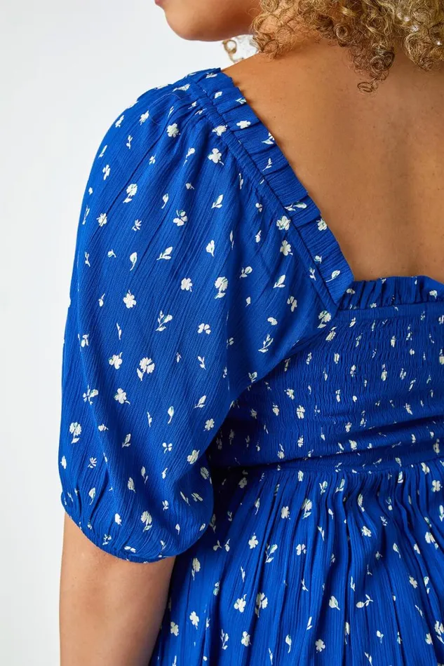 Women Blue Curve Ditsy Floral Shirred Stretch Top Roman Tops