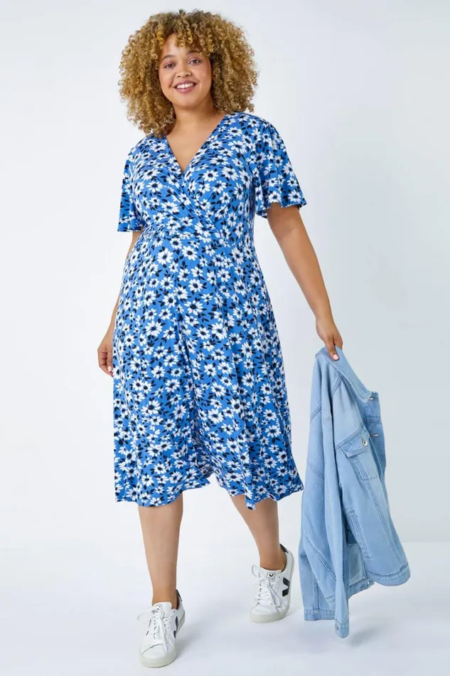 Women Blue Curve Floral Print Midi Wrap Dress Roman Dresses